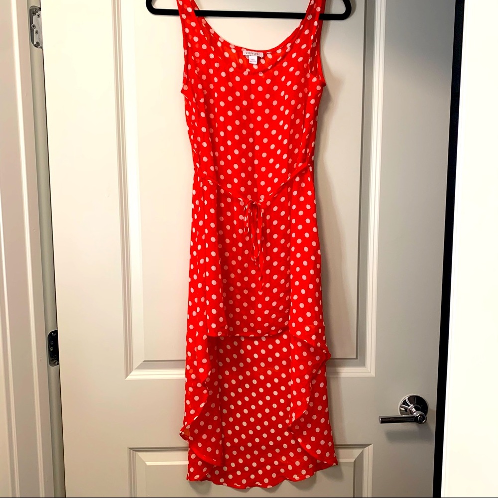 VENUS Beach Coverup Dress Red/White Polka Dots, Sheer With Belt, Hi-Low, Size S